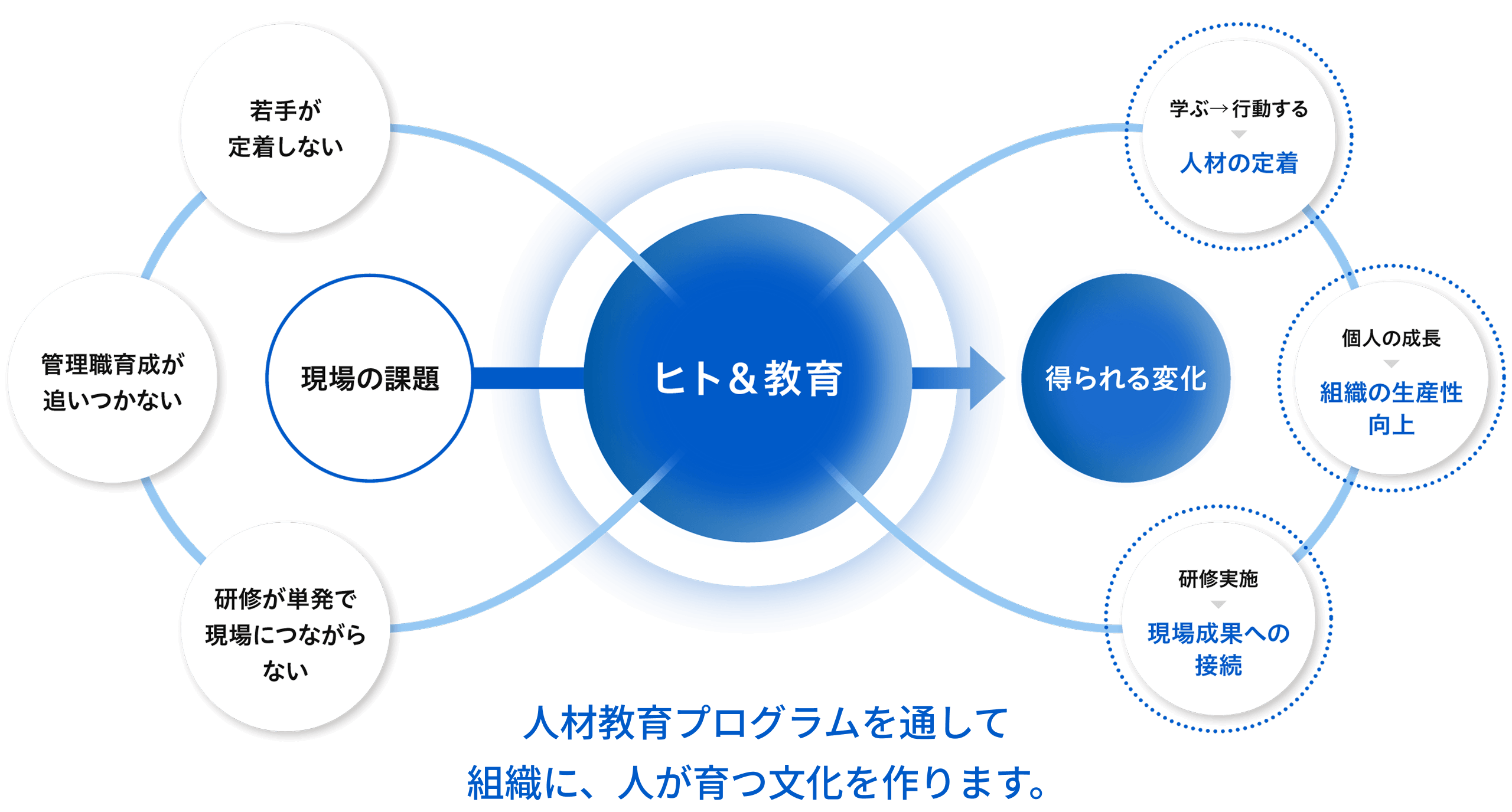 ヒト＆教育の概要図。「若手が定着しない」「管理職育成が追いつかない」「研修が単発で現場につながらない」といった現場の課題に対し、ヒト＆教育を通して「学ぶ→行動する：人材の定着」「個人の成長：組織の生産性向上」「研修実施：現場成果への接続」という変化が得られます。人材教育プログラムを通して組織に、人が育つ文化を作ります。